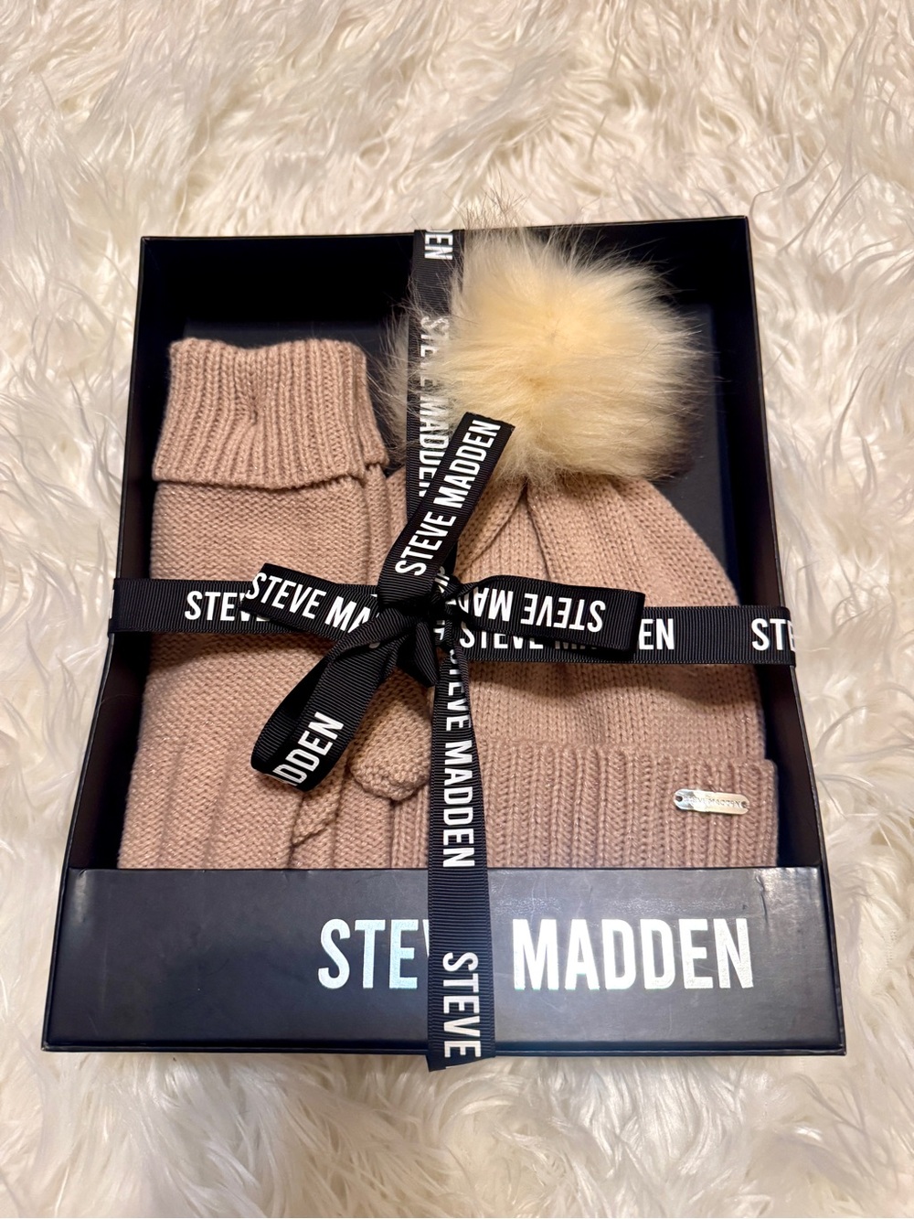 Steve Madden Blush Knit Beanie and Glove Gift Set with Faux Fur Pom